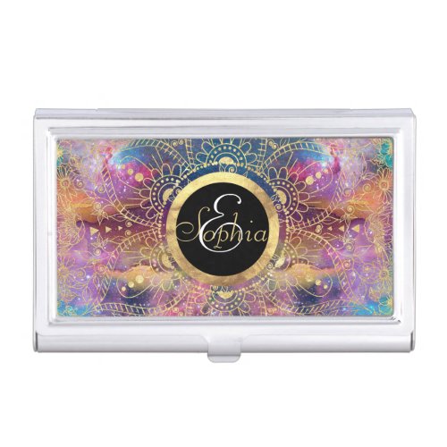 Gold Mandala Watercolor Colorful Nebula Business Card Holder