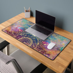 Gold Mandala Watercolor Colorful Nebula Desk Mat