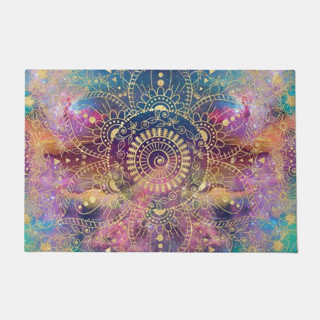 Gold Mandala Watercolor Colorful Nebula Doormat (Front)