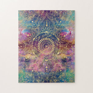 Gold Mandala Watercolor Colorful Nebula Jigsaw Puzzle