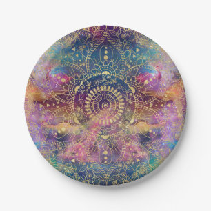 Gold Mandala Watercolor Colorful Nebula Paper Plates