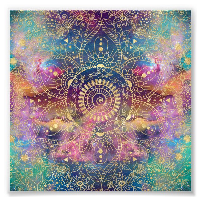 Gold Mandala Watercolor Colorful Nebula Photo Print (Front)