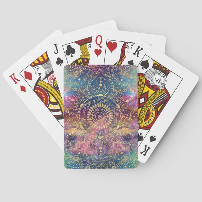 Gold Mandala Watercolor Colorful Nebula Poker Cards (Back)