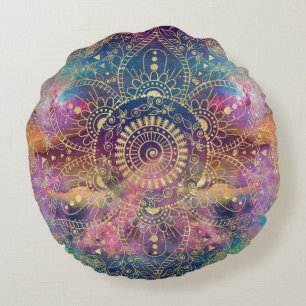 Gold Mandala Watercolor Colorful Nebula Round Pillow