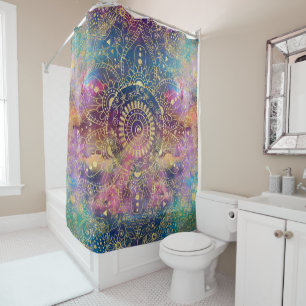 Gold Mandala Watercolor Colorful Nebula Shower Curtain
