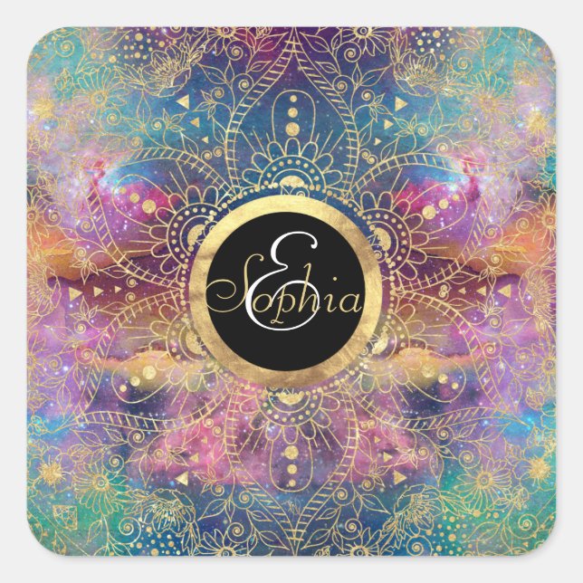 Gold Mandala Watercolor Colorful Nebula Square Sticker (Front)