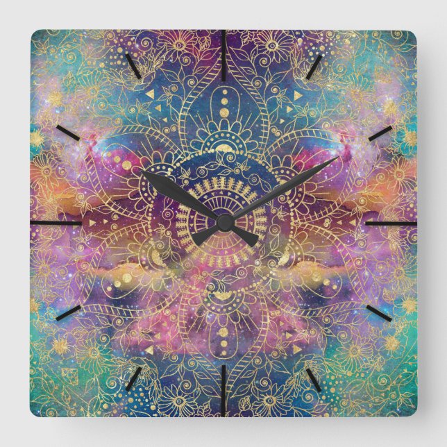 Gold Mandala Watercolor Colorful Nebula Square Wall Clock (Front)