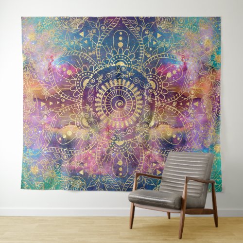 Gold Mandala Watercolor Colorful Nebula Tapestry