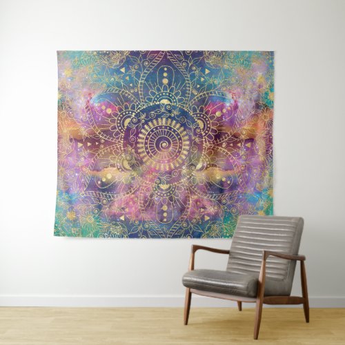 Gold Mandala Watercolor Colorful Nebula Tapestry