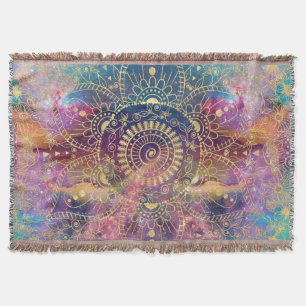 Gold Mandala Watercolor Colorful Nebula Throw Blanket