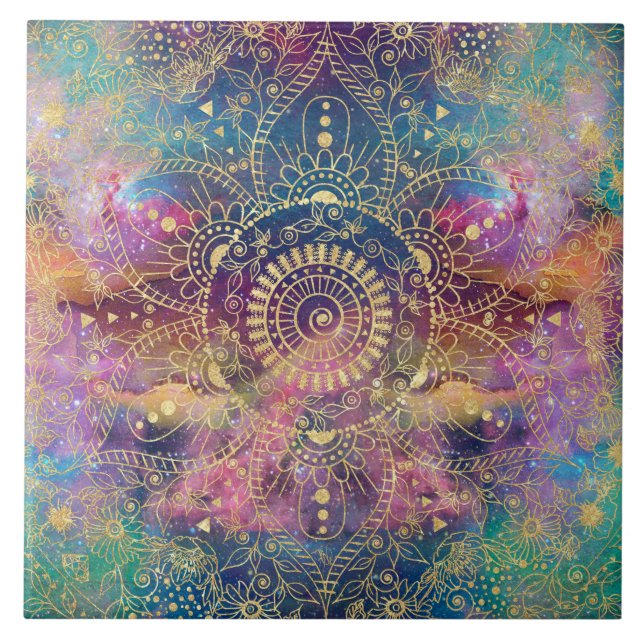 Gold Mandala Watercolor Colorful Nebula Tile (Front)