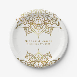 Gold Mandala White Chic Classy Modern Glam Wedding Paper Plates