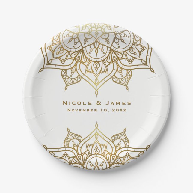 Gold Mandala White Chic Classy Modern Glam Wedding Paper Plates (Front)