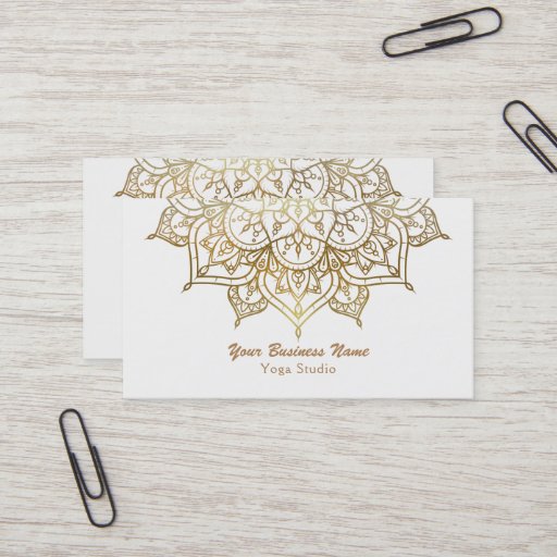 Customizable Gold Mandala White Chic Classy Modern Yoga Business Card