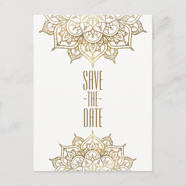 Gold Mandala & White Elegant Chic Save the Date Announcement Postcard (Front)