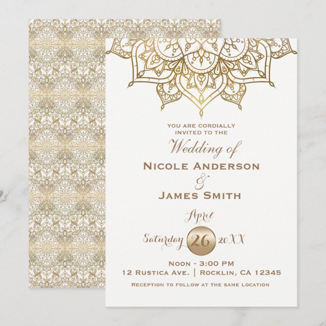 Gold Mandala White Modern Elegant Minimal Wedding Invitation (Front/Back)