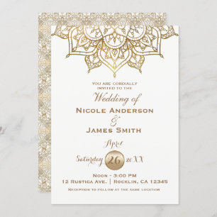 Gold Mandala White Modern Elegant Minimal Wedding Invitation