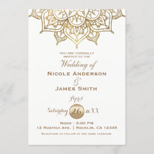Gold Mandala White Modern Elegant Minimal Wedding Invitation