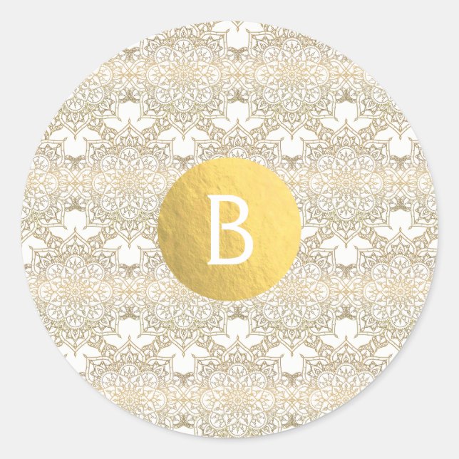 Gold Mandala White Modern Elegant Wedding Favor Classic Round Sticker (Front)