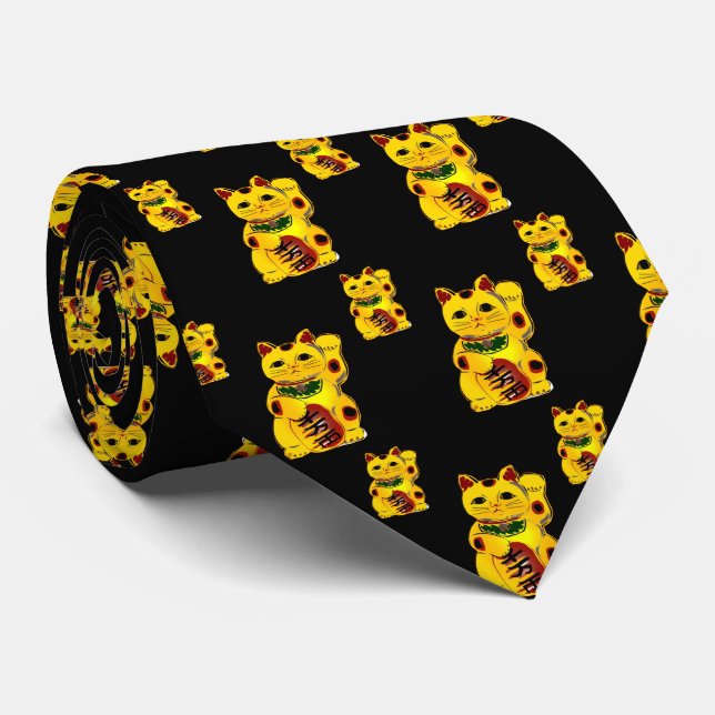 Gold Maneki Neko on Black Neck Tie (Rolled)
