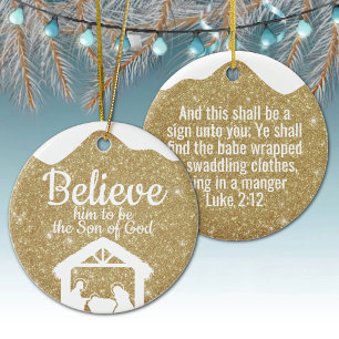 Gold Manger Baby Jesus Scripture Xmas Decor ⛪️ 🎄 Ceramic Ornament