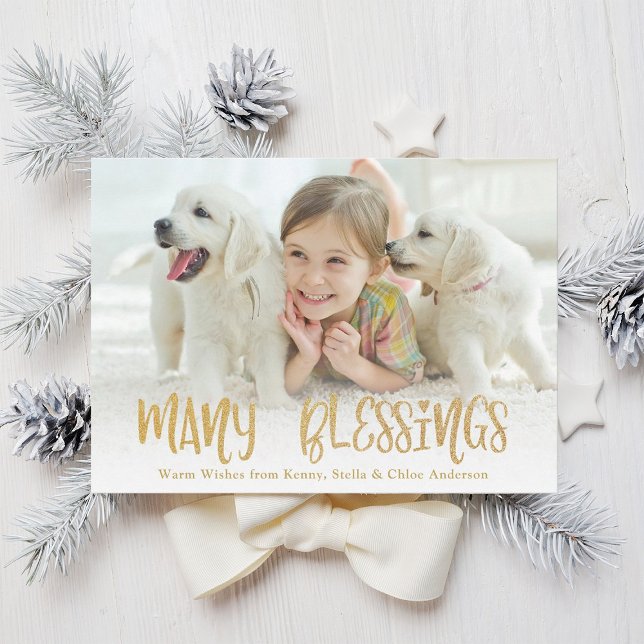 Gold Many Blessings Christmas Holiday Photo Card (Creator Uploaded)
