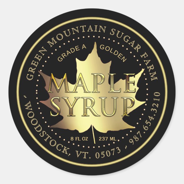 Gold Maple Leaf Editable Maple Syrup Label (Front)