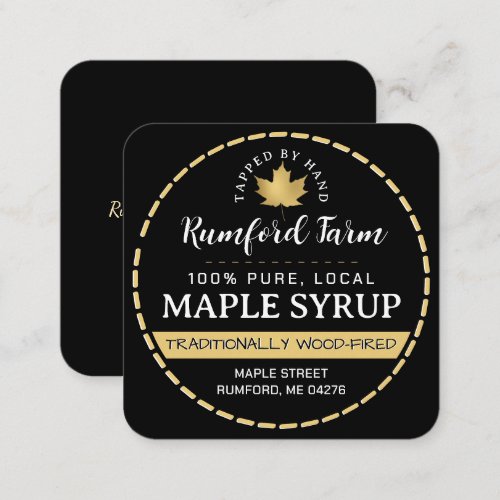 Gold Maple Leaf on Black Maple Syrup Dashed Border Square Business Card