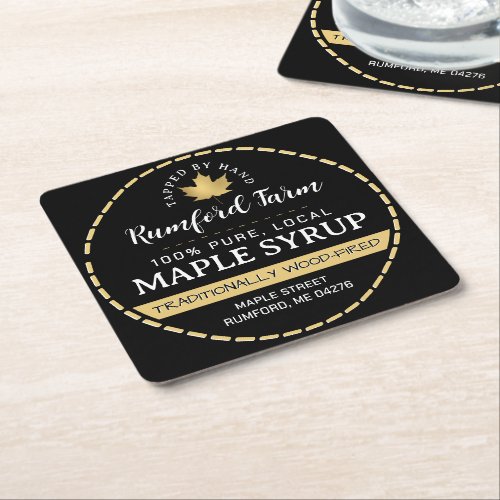 Gold Maple Leaf on Black Maple Syrup Dashed Border Square Paper Coaster