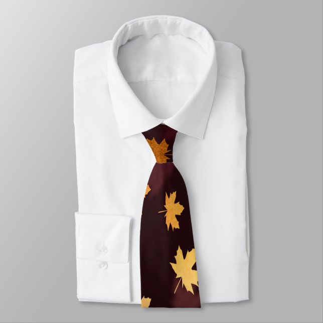 Gold Maple Leaf on dark red Neck Tie (Tied)