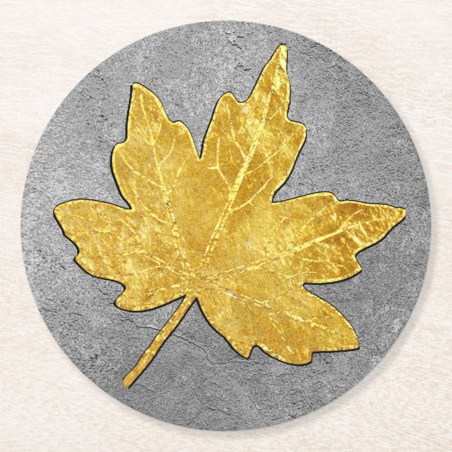 Gold Maple Leaf on Silver Round Paper Coaster (Front)