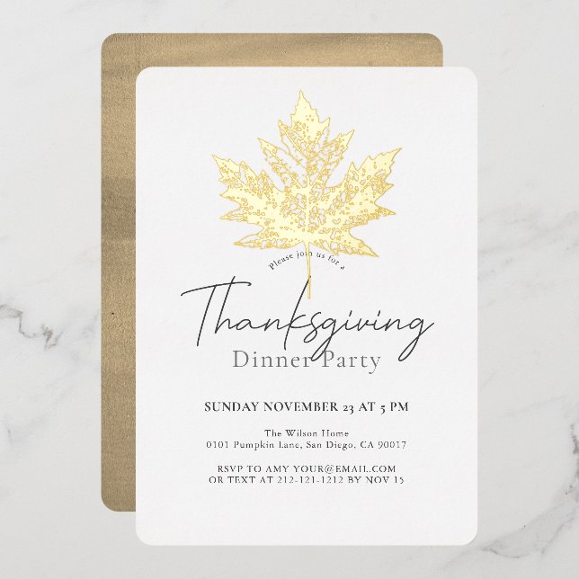 Gold Maple Leaf Thanksgiving Dinner Foil Invitation (Front/Back)