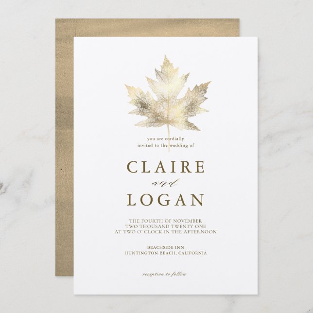 Gold Maple Leaf White Wedding Invitation (Front/Back)