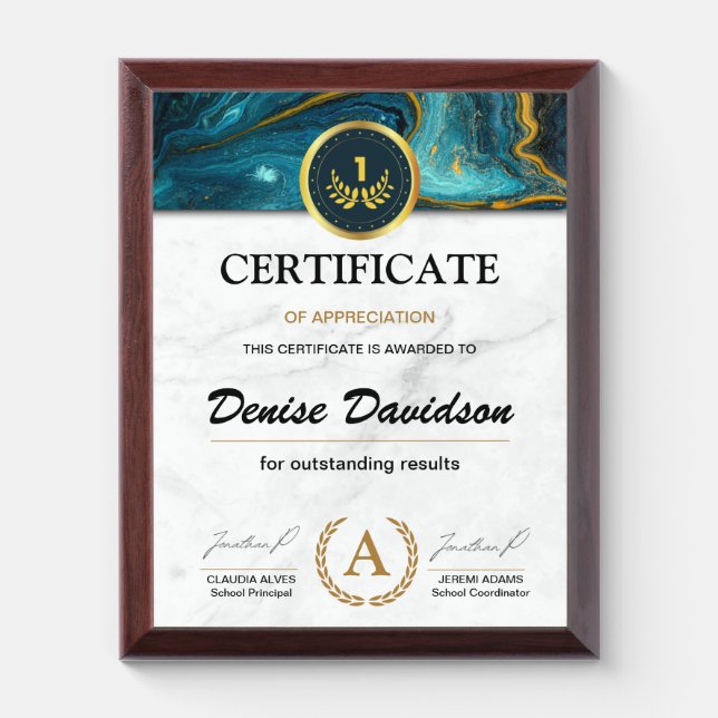 Gold Marble 1st Place Appreciation Certificate  Award Plaque (Vertical)