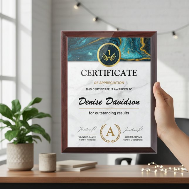 Gold Marble 1st Place Appreciation Certificate  Award Plaque (Gold Marble 1st Place Appreciation Certificate Award Plaque for Corporate Recognition)