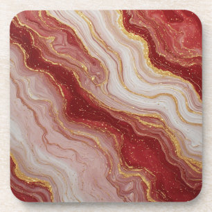 Gold Marble Abstract Background With Red Swirls Beverage Coaster