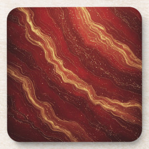 Gold Marble Abstract Background With Red Swirls Beverage Coaster