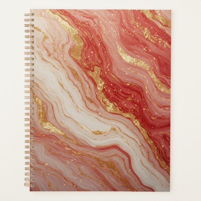 Gold Marble Abstract Background With Red Swirls Planner (Front)