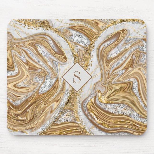 Gold Marble Abstract Monogram Mouse Pad (Front)
