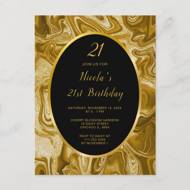 Gold Marble Agate 21st Birthday Postcard (Front)