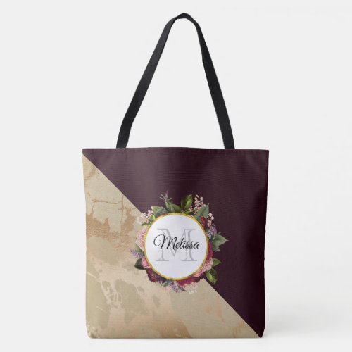 Gold Marble and Burgundy Floral Monogram Tote Bag