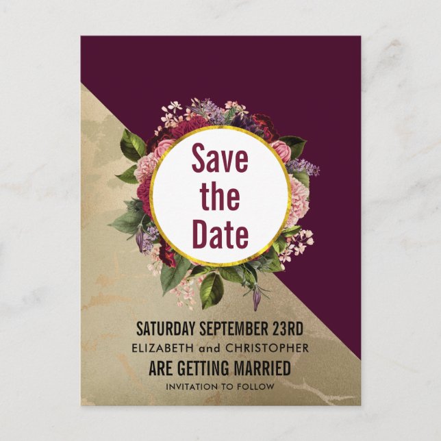 Gold Marble and Burgundy Floral Save the Date Postcard (Front)