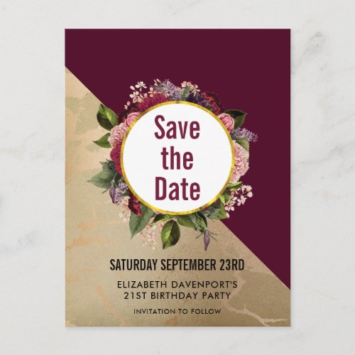 Gold Marble and Burgundy Floral Save the Date Postcard