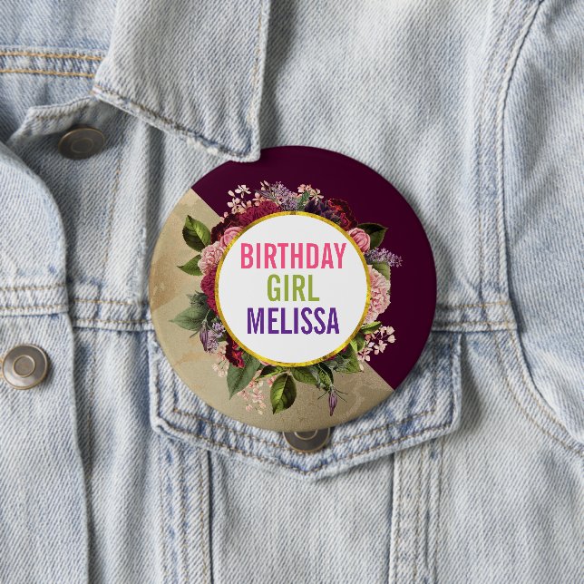Gold Marble and Burgundy Florals Birthday Girl Button (In Situ)