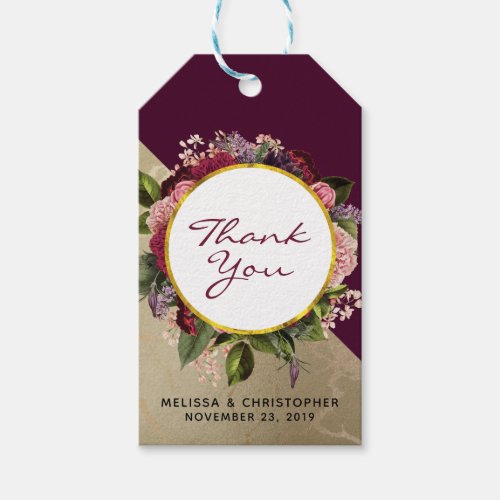 Gold Marble and Burgundy Florals Wedding Thank Yo Gift Tags