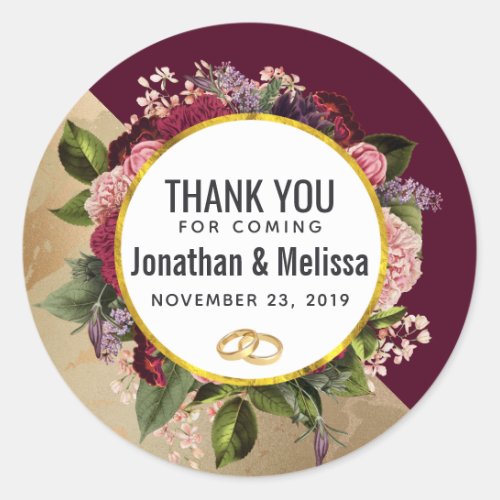 Gold Marble and Burgundy Florals Wedding Thanks Classic Round Sticker