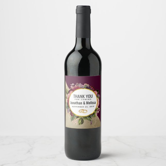 Gold Marble and Burgundy Florals Wedding Thanks Wine Label (Front)