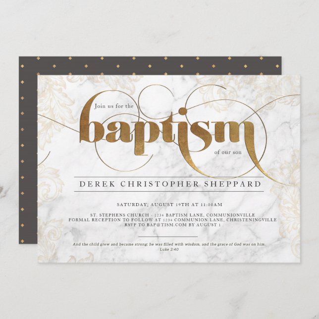 Gold Marble Baptism Invitation (Front/Back)