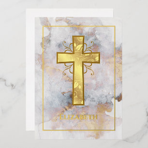 Gold Marble Baptism or Christening Filigree Foil Invitation