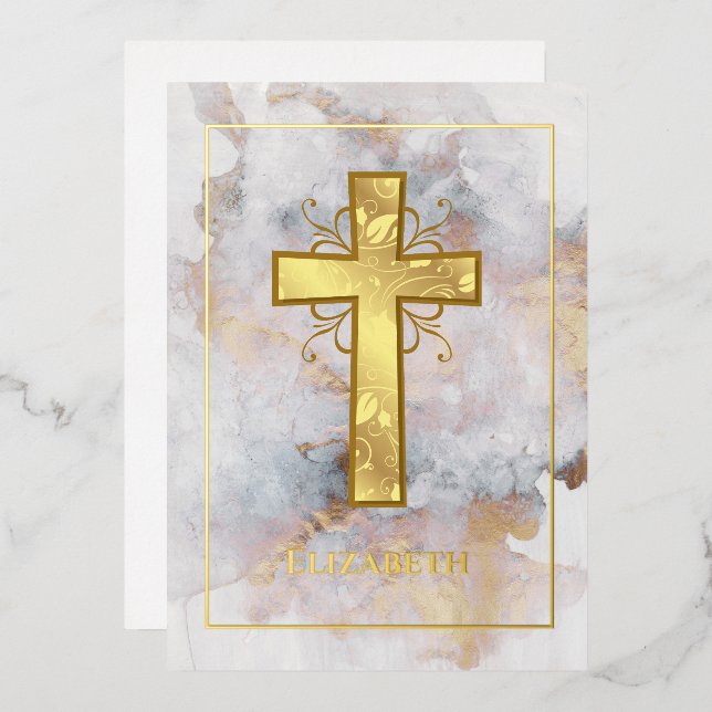 Gold Marble Baptism or Christening Filigree Foil Invitation (Front/Back)
